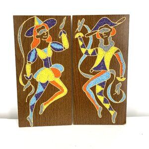 Harlequin Jester Dancers Gravel Wall Art 15.5 x 7.75" Set of 2 MCM
